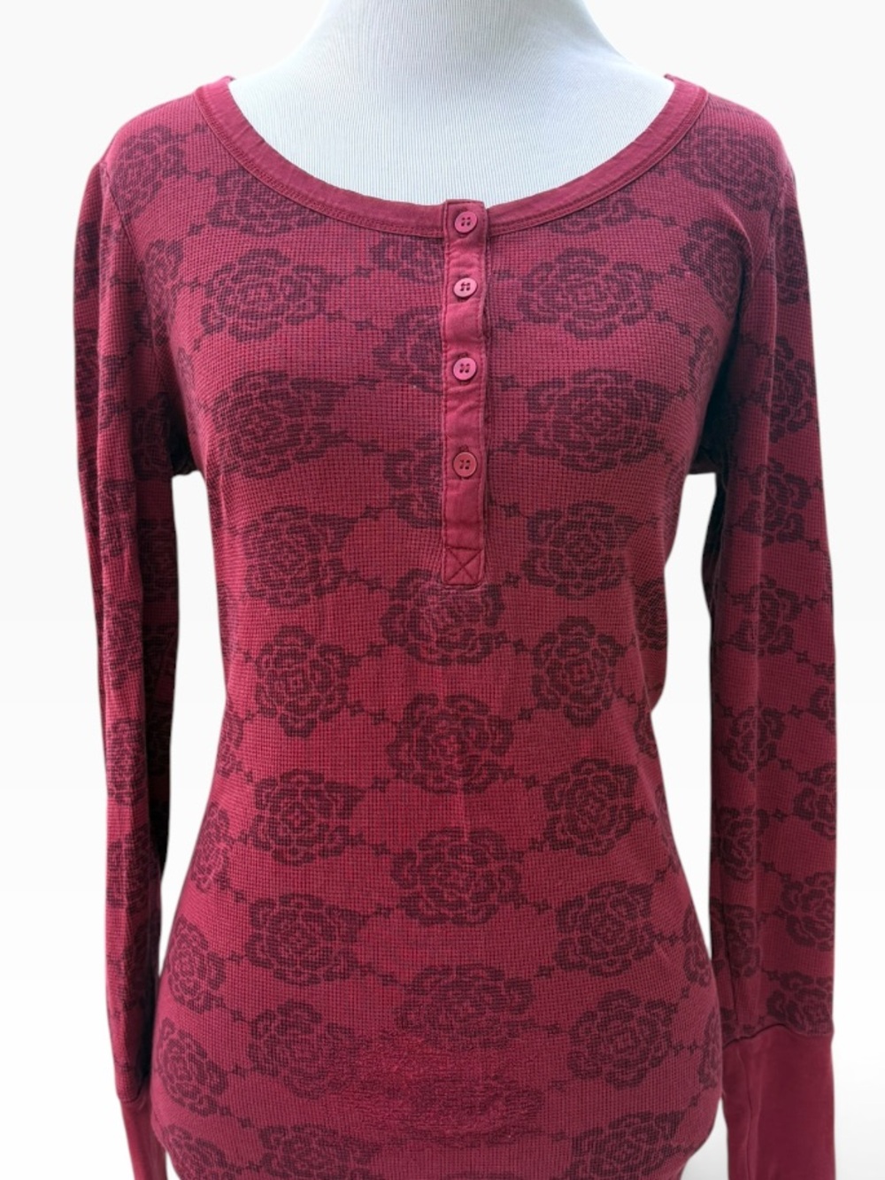Denver Hayes Maroon Floral Waffle Knit Long-Sleeve Top